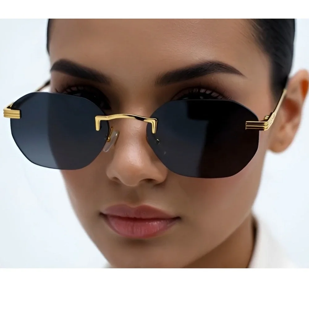 Rimless Sunglasses Women Oval‎ Gold Frame Fashion Trendy Designer Lentes Gafas
